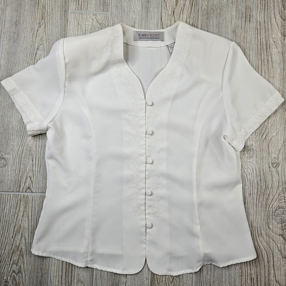 Karen Scott White Embroidered Button Front Short Sleeve Blouse Women's Size 8‎